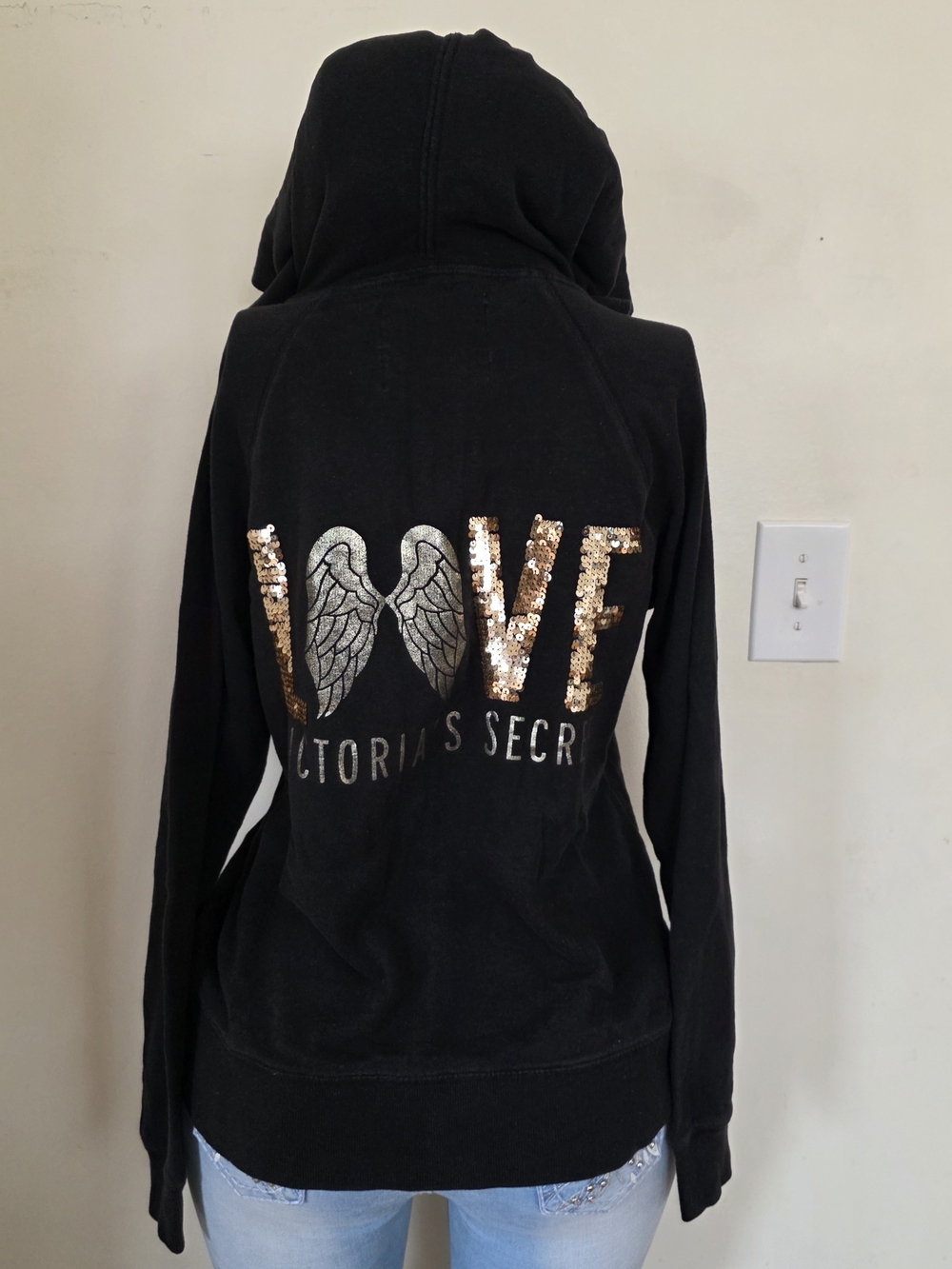 Victoria's Secret Black Hoodie with Gold & Silver Sequin LOVE